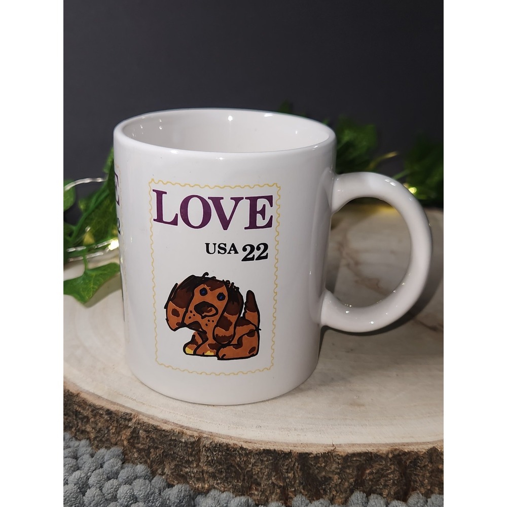 Vintage US Postal Service Coffee Mug Love USA 22 Cent Stamp Dog Puppy Cup 1985
